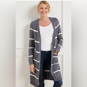 Loft Women’s Navy White Striped Marled Long Cardigan Duster